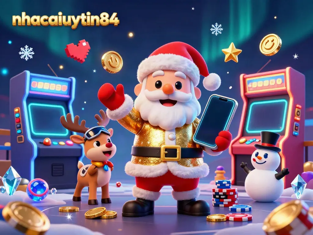 Experience the excitement at nhacaiuytin84 with Santa, his deer, and a snowman in a vibrant casino scene.