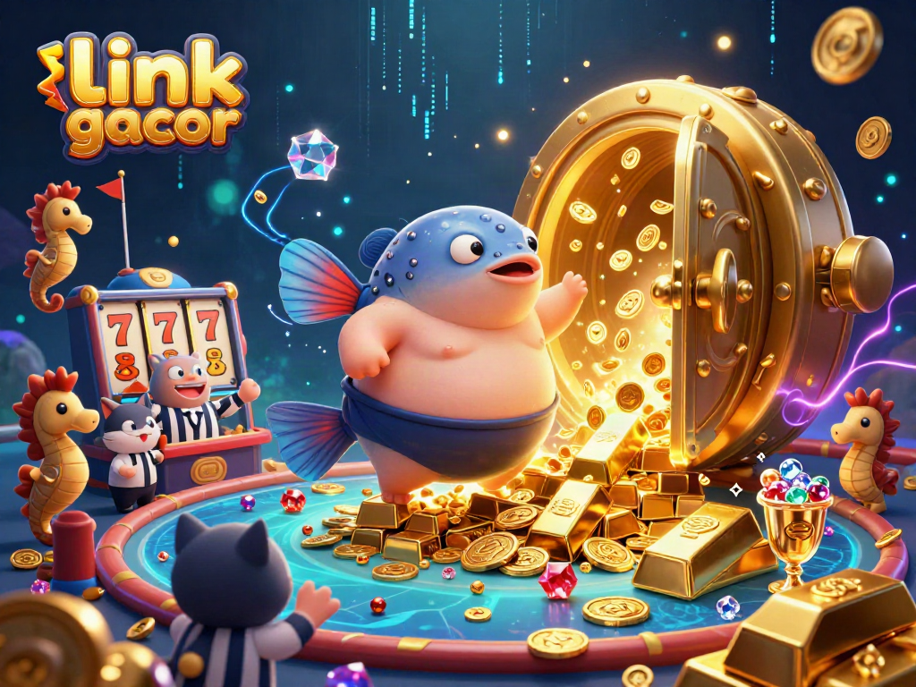 Engage with link gacor in this vibrant, dynamic underwater casino scene featuring a fugu, catfish referee, and gaming elements.