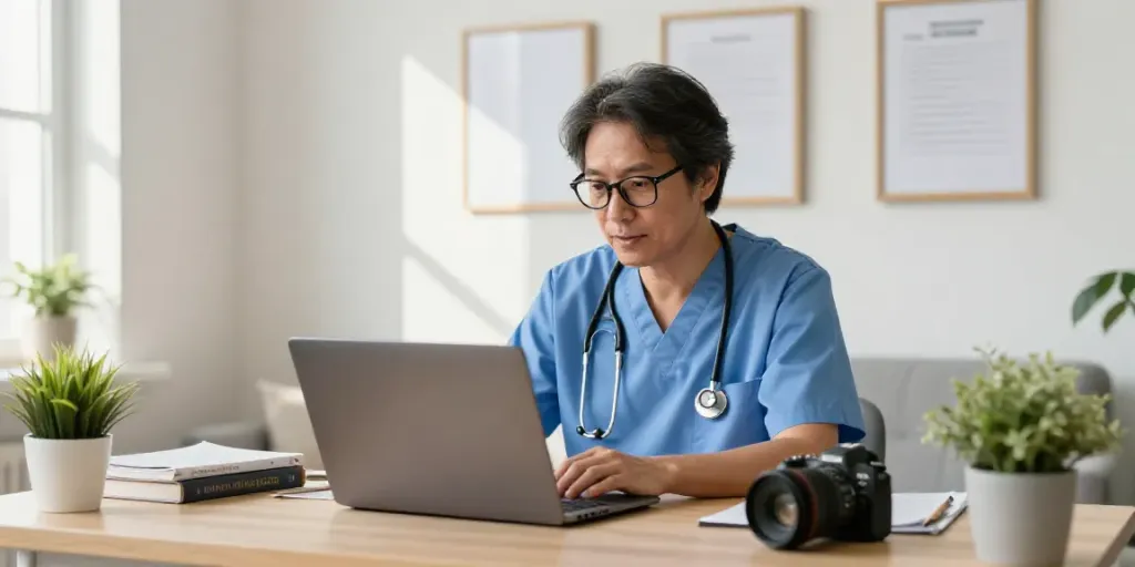 Consulting online for an MMJ card online in a cozy home office with a doctor.