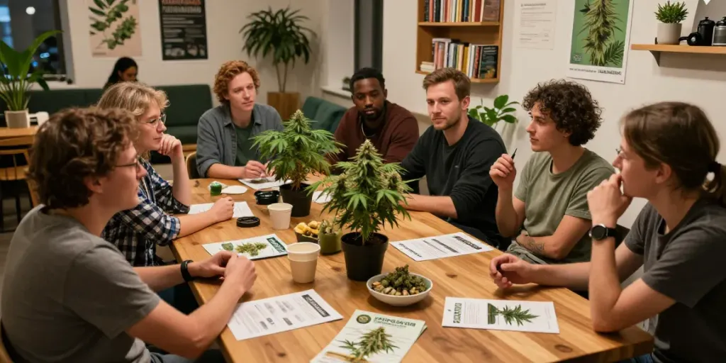 Engaged community at a cannabis club Bielefeld discussing cultivation and cannabis education.