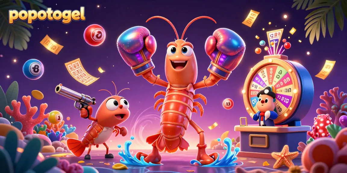 Experience thrilling gaming with Popotogel's dynamic scene featuring vibrant lottery elements and energetic characters.
