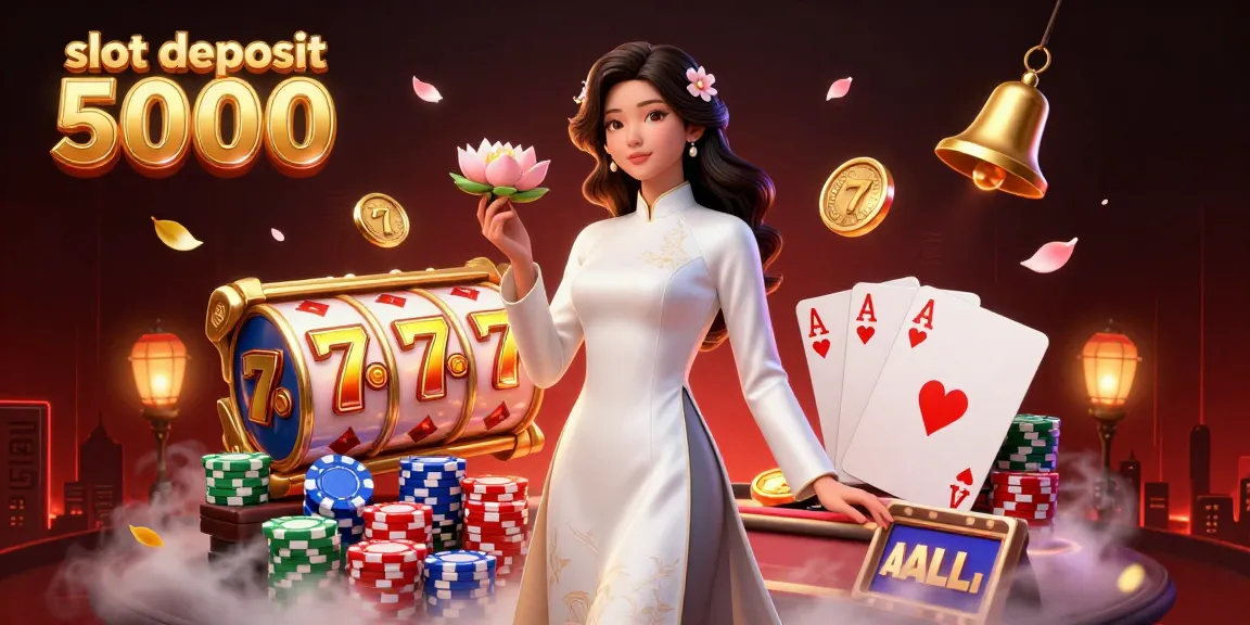 Engage with the vibrant scene of slot deposit 5000 showcasing colorful slot reels, poker elements, and an elegant character.
