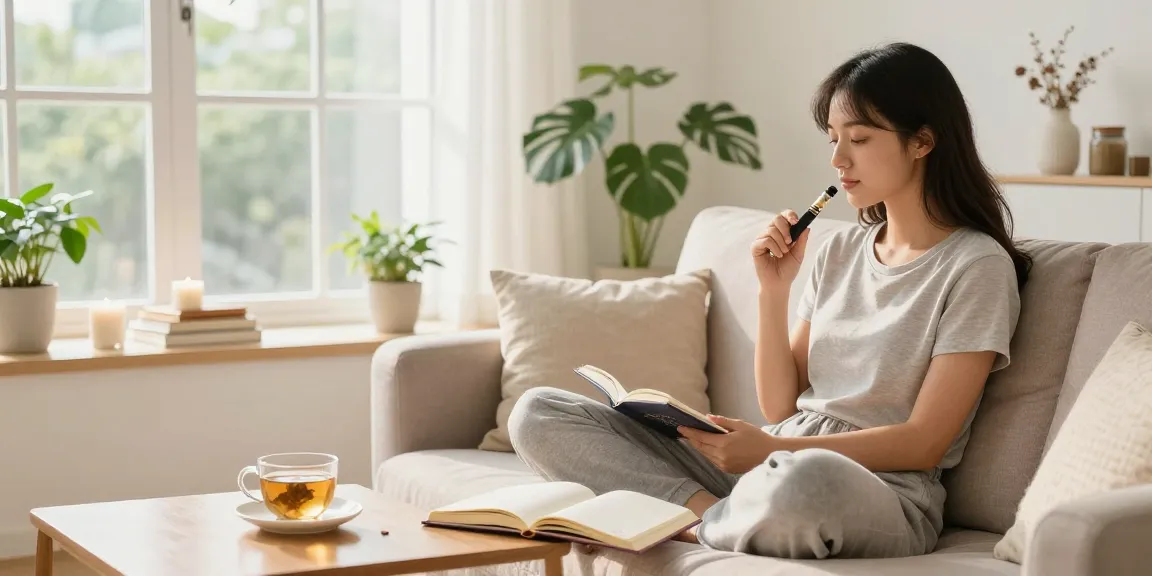 Enjoying cookies vape pen for natural wellness in a bright, inviting space with herbal tea and plants.