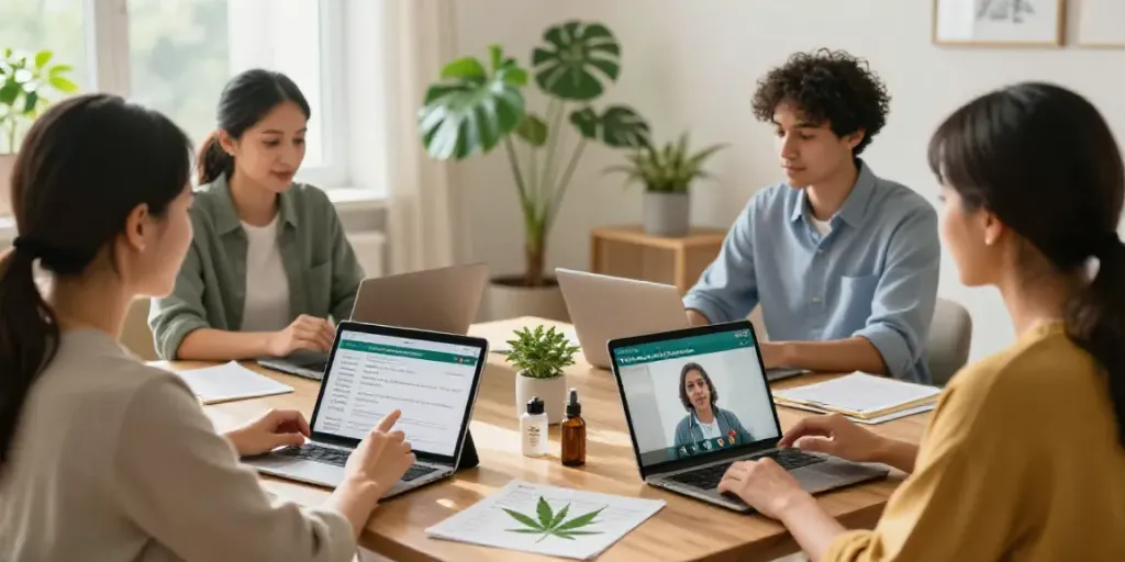 Patients in virtual consultations for medical marijuana card from home, showing diverse health conditions and engagement.