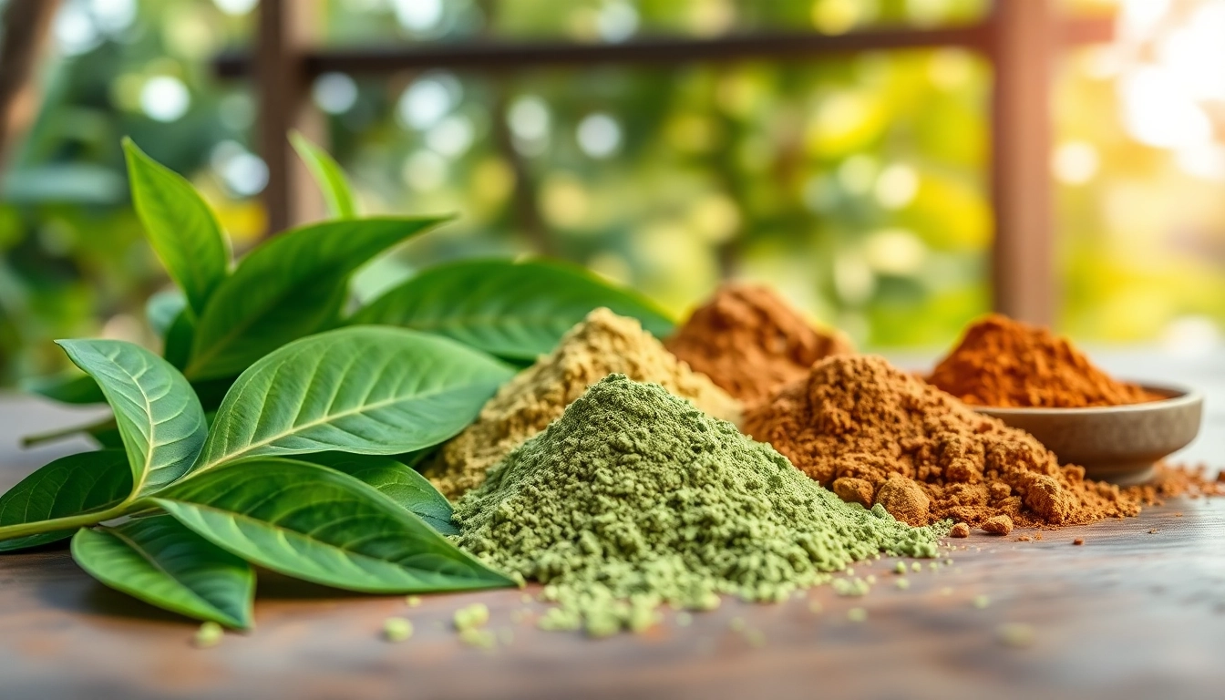 Showcase the Best kratom in Texas with vibrant leaves and quality powdered forms on a wooden table.