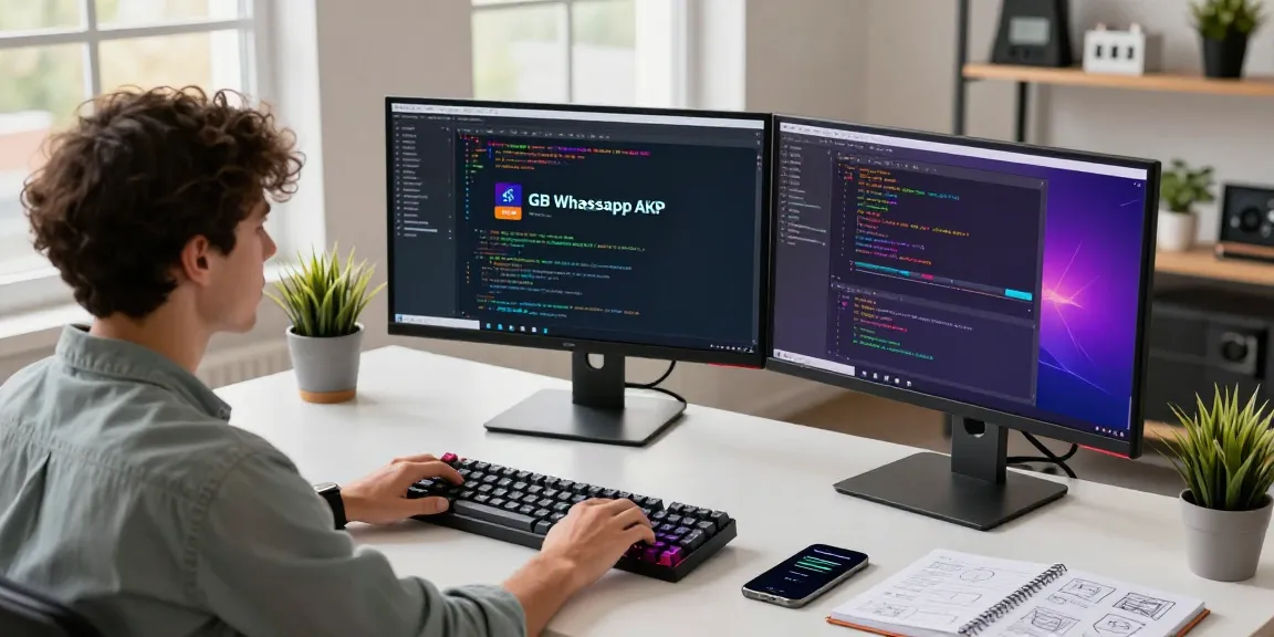 Developer working on GB WhatsApp APK in a modern tech workspace with dual monitors.