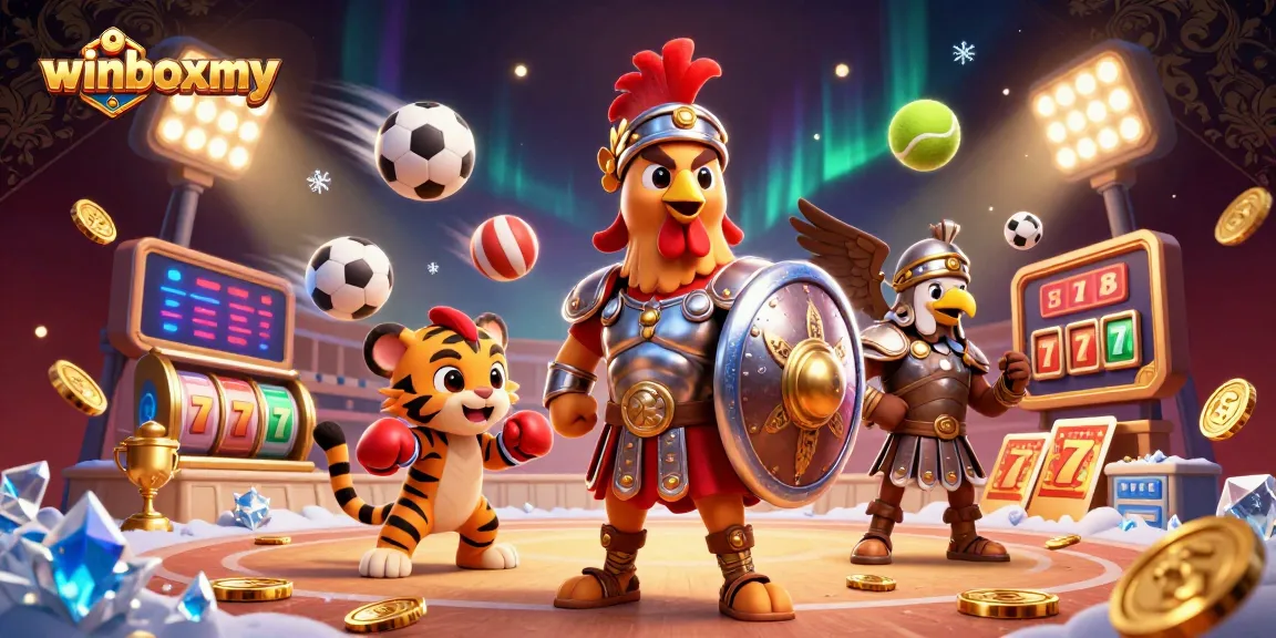 WinboxMY action-packed casino scene featuring a gladiator rooster and a tiger cub among vibrant slot elements.