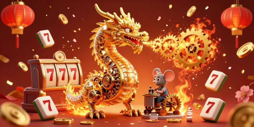 Engage with slot machine excitement as a mechanical dragon breathes gears amidst festive symbols.