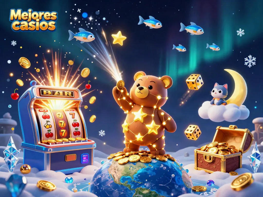 Descubre los mejores casinos con una vibrante ilustración 3D de un oso estelar, tragamonedas y más.