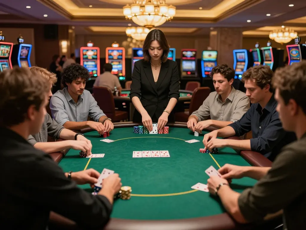 Players engaging in a strategic poker game at a luxurious casino table, bags168 featured prominently.