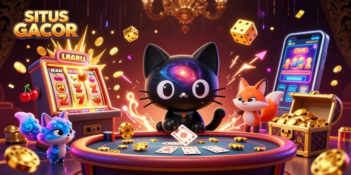 SITUS GACOR reveals a magical cosmic casino scene with a black hole cat and a nebula fox pulling in winning chips.