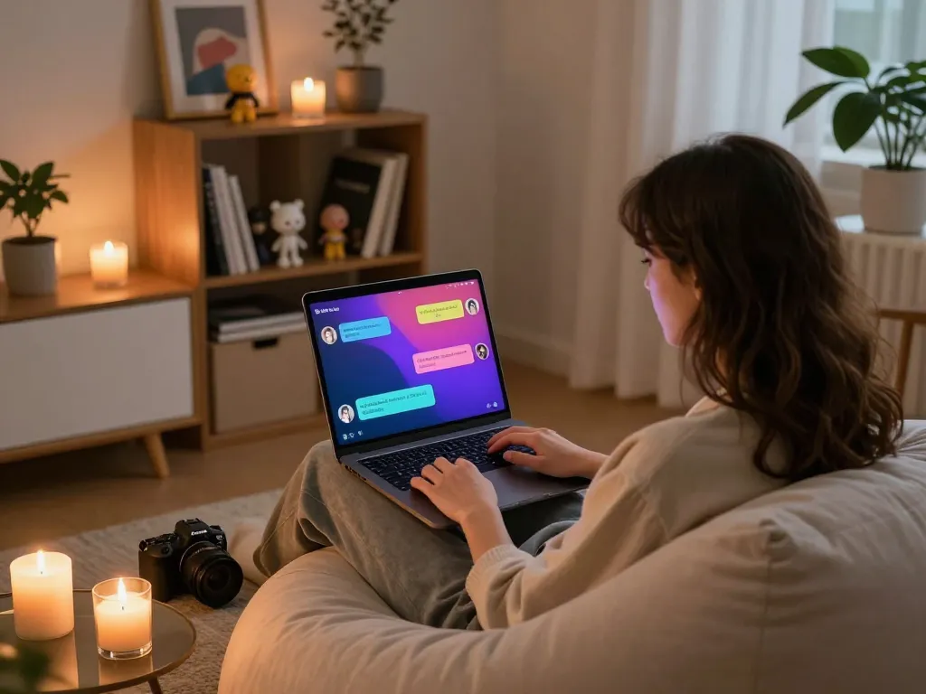 Engaging in an nsfw ai chat in a cozy home office, with vibrant visuals on the laptop.