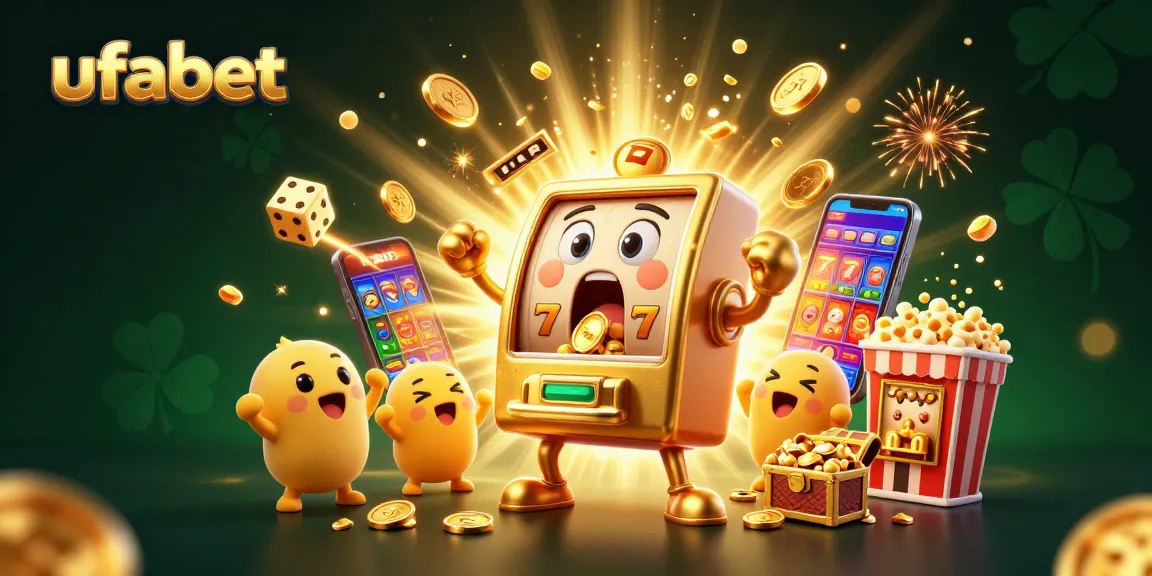 Spin the jackpot with ufabet's lively slot machines showering gold coins in a vibrant casino scene.