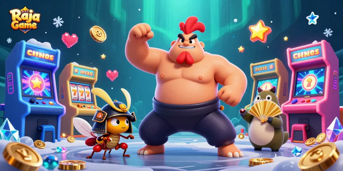 Engage with the exciting Raja Game in this colorful scene featuring slot reels, rewards, and dynamic characters.