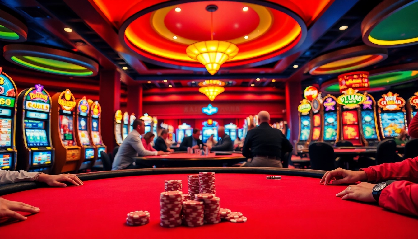 Experience the thrill of geekthc at a lively casino with vibrant poker tables and rich decor.