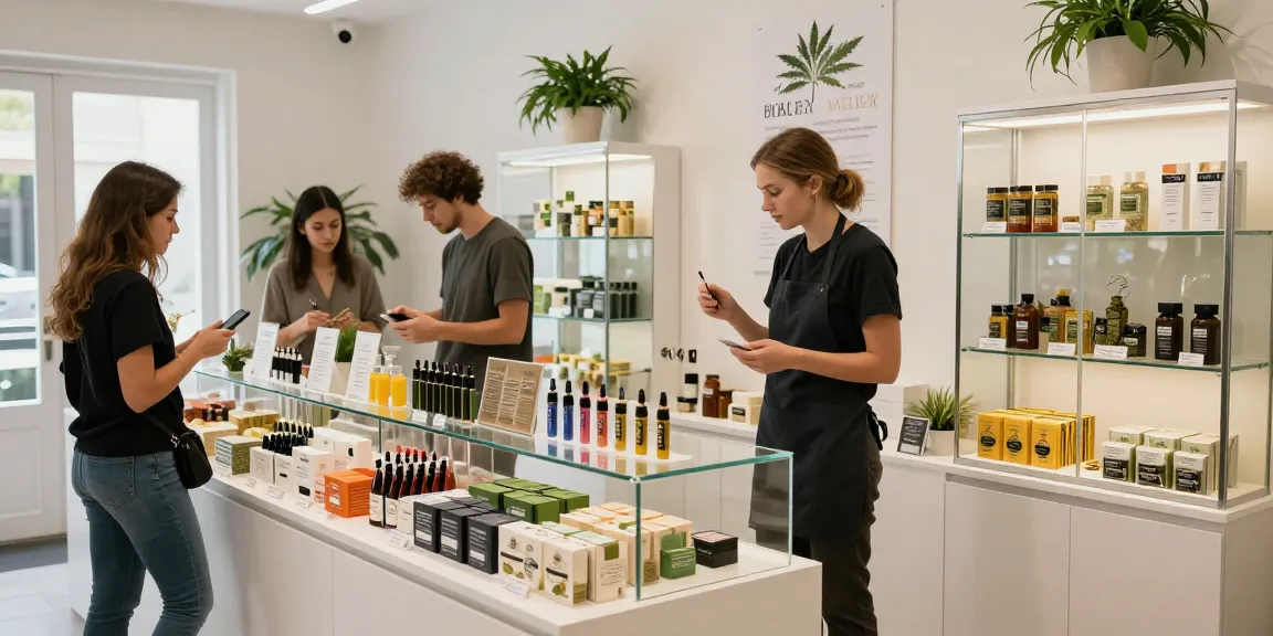 Customers exploring products including 100 haschplatte in a modern cannabis shop, showcasing premium offerings.