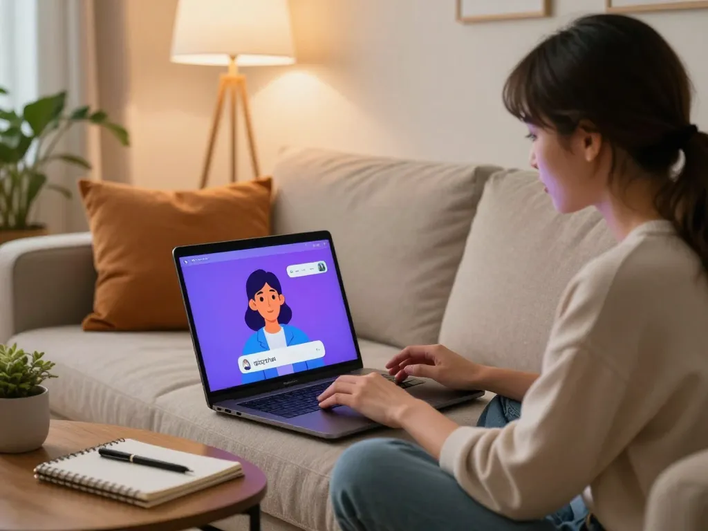 User engaging with spicychat AI on a laptop in a cozy home environment, vibrant digital interface visible.