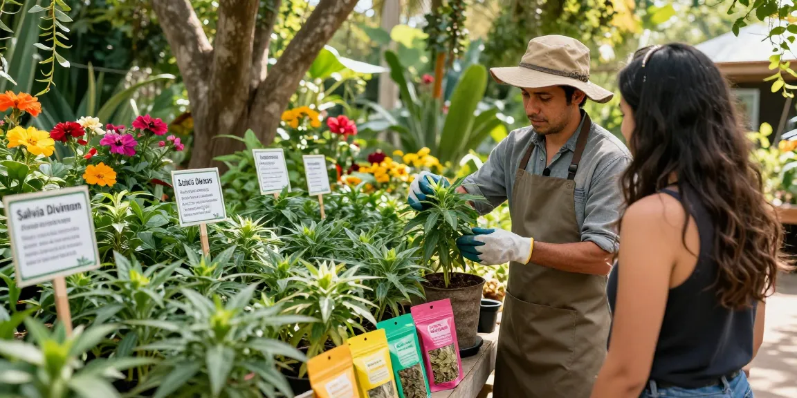 Salvia Divinorum Plant for sale in a vibrant garden, showcasing healthy plants and educational signage for customers.