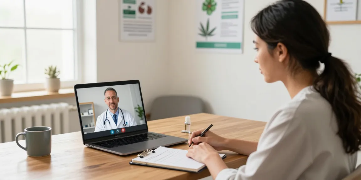 Consultation for MMJ card online featuring a patient with a doctor in a home office