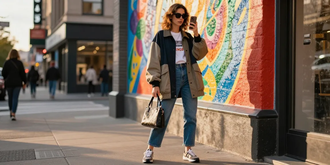 Trendy individual showcasing 레플리카 fashion in a vibrant urban setting, surrounded by street art and stylish accessories.