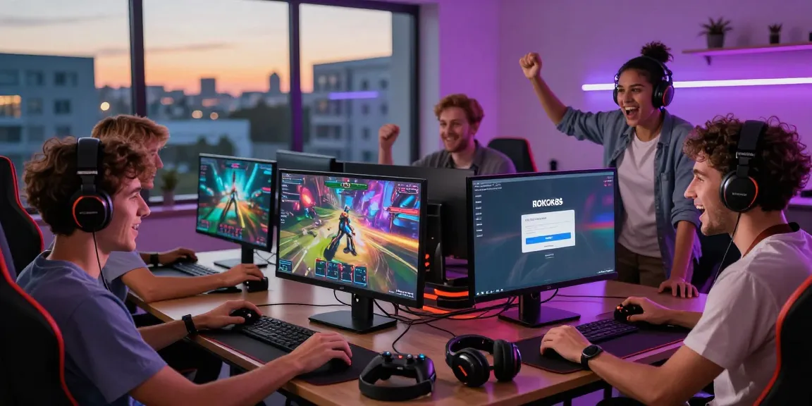 Friends enjoying the ROKOK88 login experience together at a modern gaming setup.