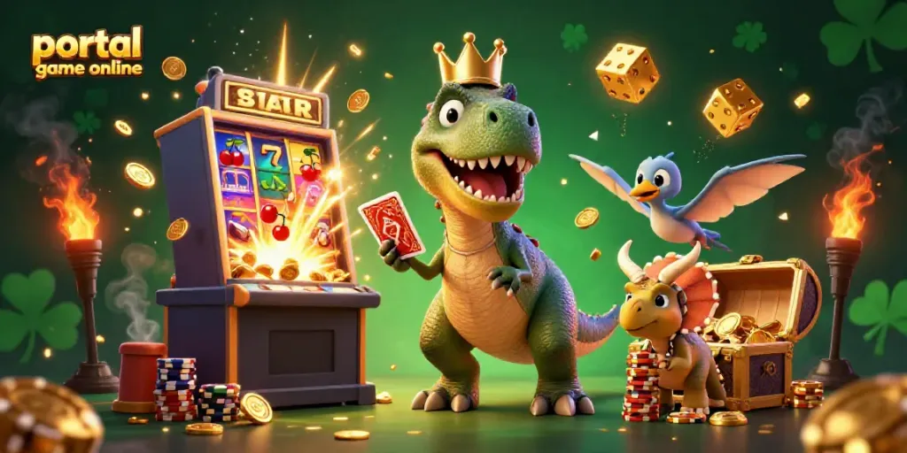 Experience the excitement of a portal game online with T-Rex, pterodactyl, and triceratops in a vibrant casino scene.