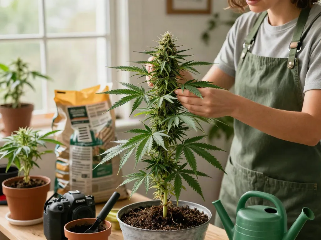 Available cannabis seed varieties showcased in a cozy indoor garden setting with a gardener tending to lush plants.