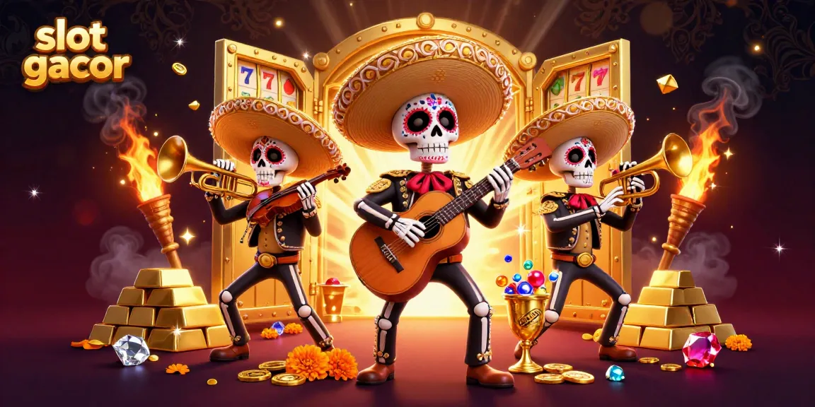 Spin slot gacor with vibrant mariachi band and rich treasure elements in colorful 3D illustration.
