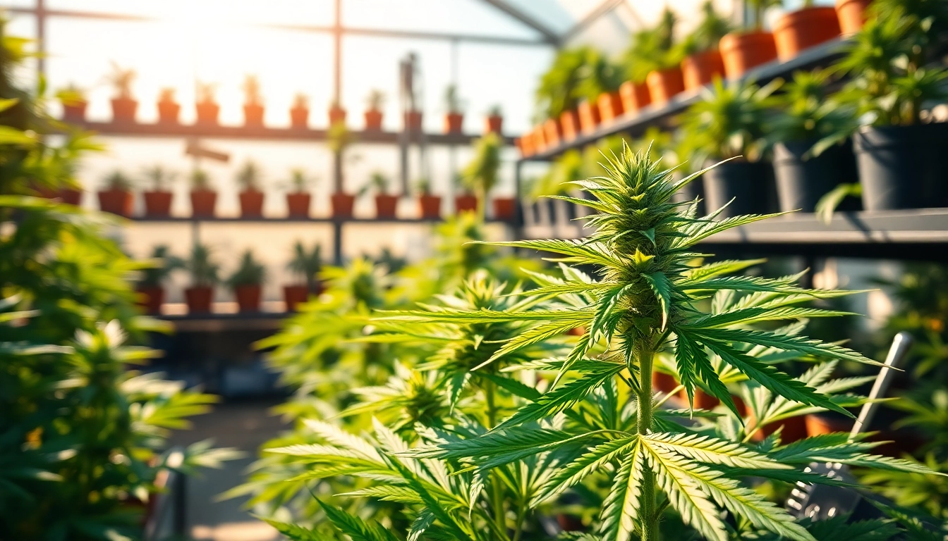Cannabis online vibrant plant in a sunny greenhouse representing growth and health.