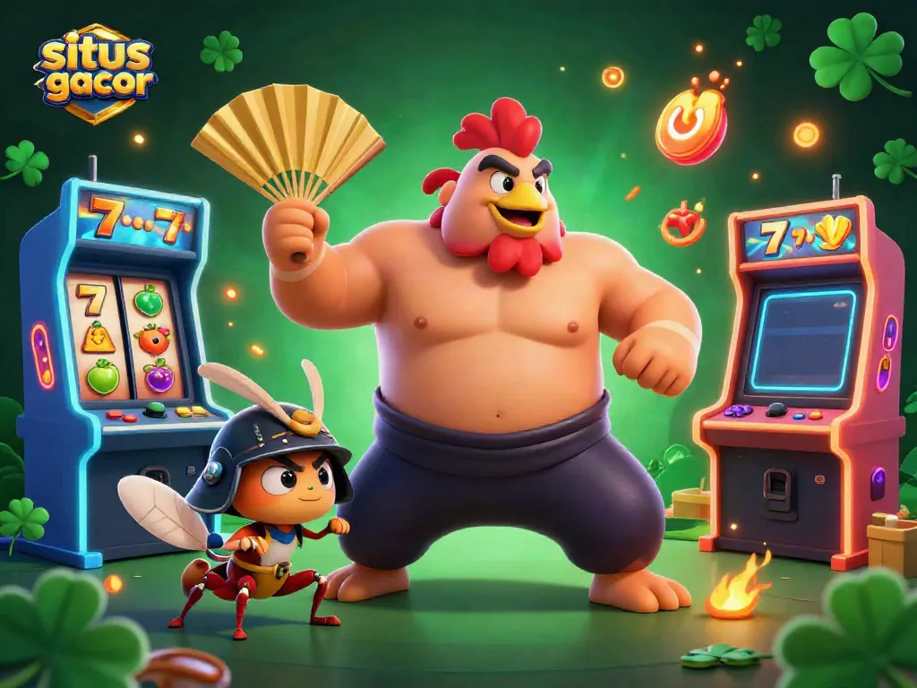 Gambarkan suasana bermain di situs slot gacor dengan karakter ayam sumo dan kriket samurai.