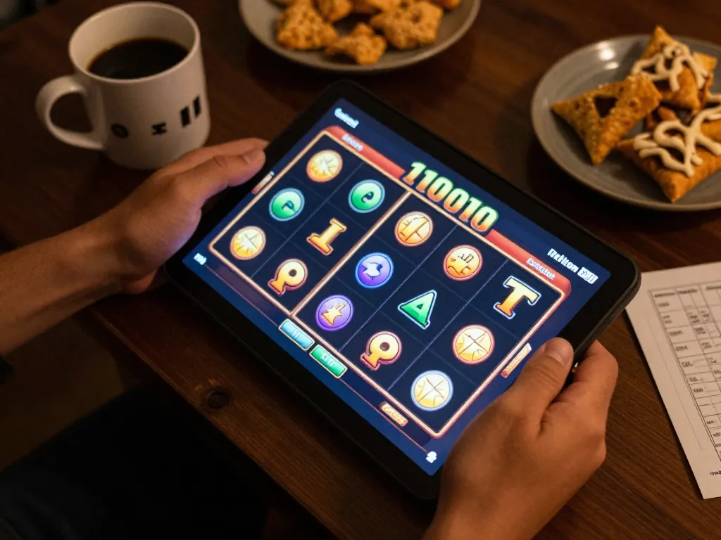 Engaging in slot 10000 gameplay on a tablet in a cozy home setting while enjoying snacks and drinks