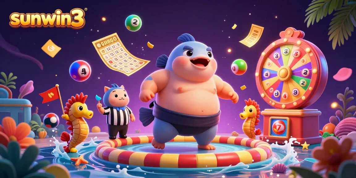 A dynamic illustration of sunwin3 featuring a fugu in a sumo belt and lottery elements, ideal for online casino promotions.
