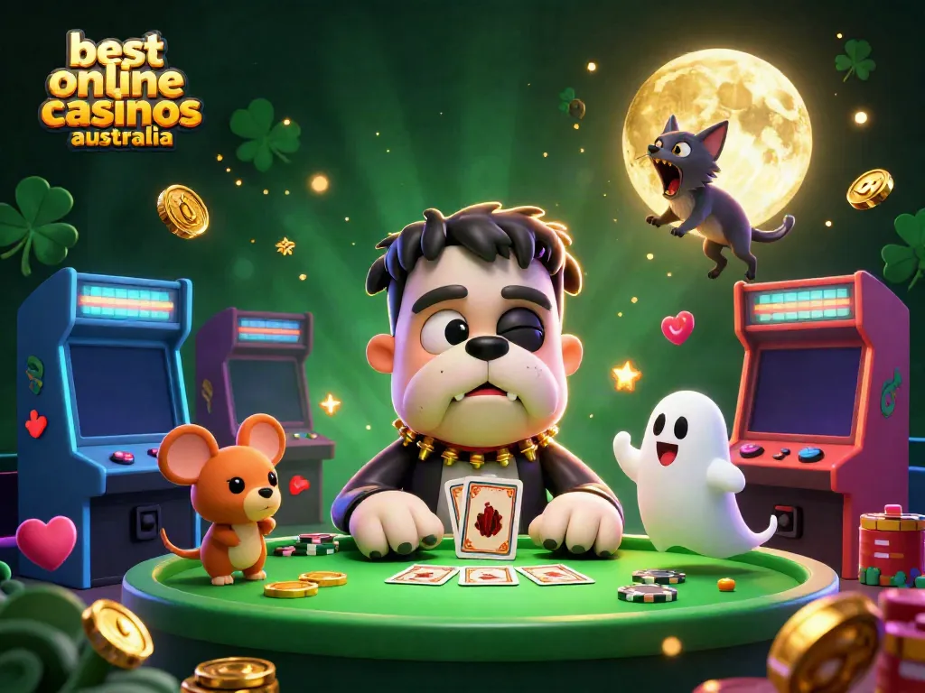 Engage with the best online casinos Australia scene featuring a playful monster and ghost in a vibrant casino.