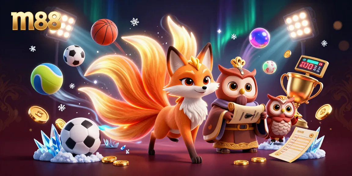Experience the vivid charm of m88 with a mystical fox and wise owl amidst dynamic sports betting elements.