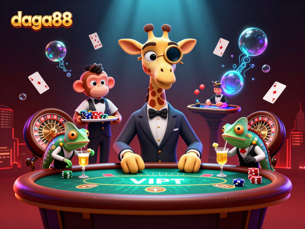 Experience thrilling gambling action with daga88 as a high-roller giraffe, monkey valet, and chameleon bartender create a vibrant casino scene.