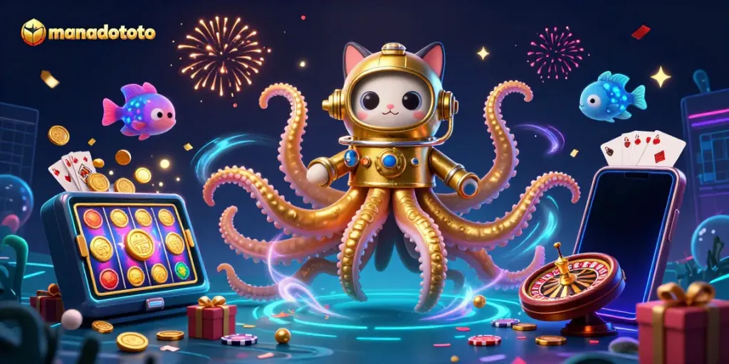 Experience manadototo with a captivating 3D scene showcasing a kraken and diving cat amidst gambling elements.