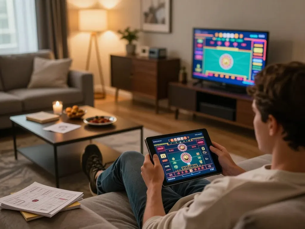 Engaging with live dealer games at trang chủ o8 in a cozy home setting, with strategy notes on display