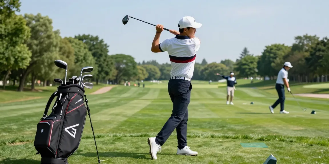 Golfer in stylish 골프웨어 레플리카 swinging at a driving range, showcasing athletic gear.