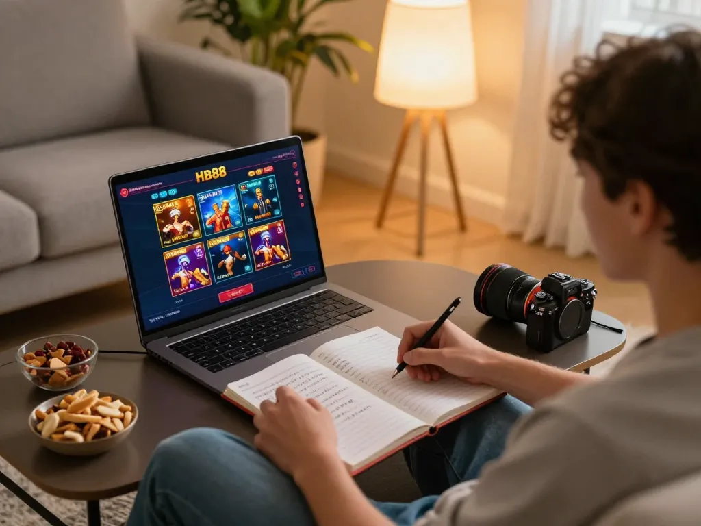 Player engaging with HB88 online casino on a laptop in a cozy home setting.