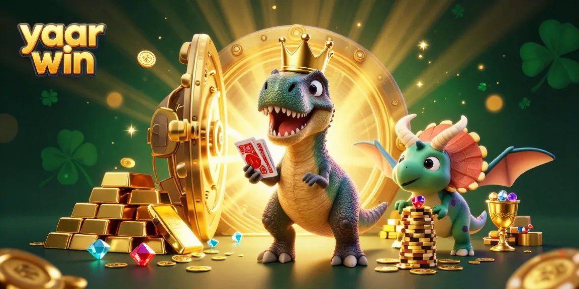 Experience yaar win in a vibrant 3D casino scene featuring dinosaurs amidst treasures.