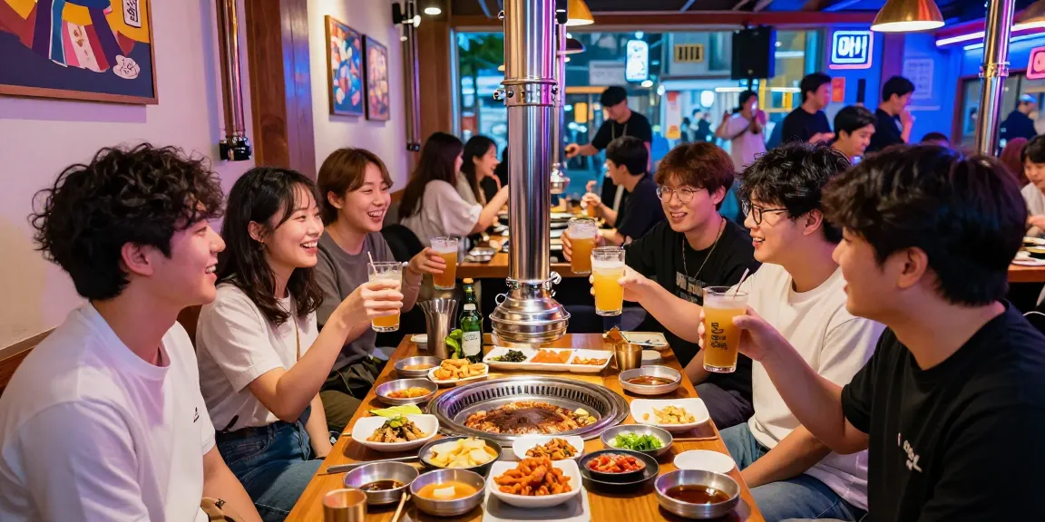 Friends enjoying a lively night at 상봉동 한국관나이트 bar with Korean BBQ and drinks.