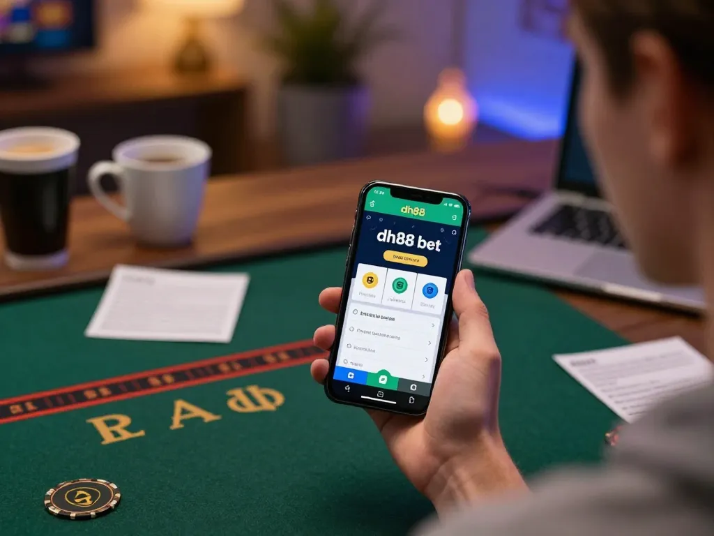 Engaging with dh88 bet app on a smartphone, immersed in online gaming strategy.