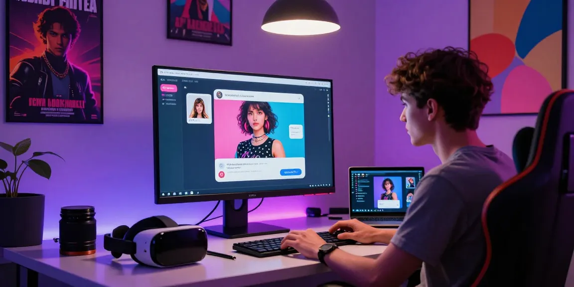 Engaging with an AI NSFW chatbot in a modern digital studio, highlighting interactive customization features.