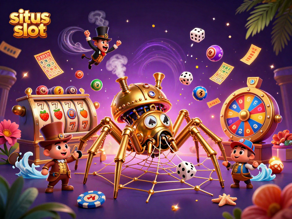 The situs slot scene showcases a vibrant 3D cartoon spider and amusing fly, surrounded by colorful gaming elements.