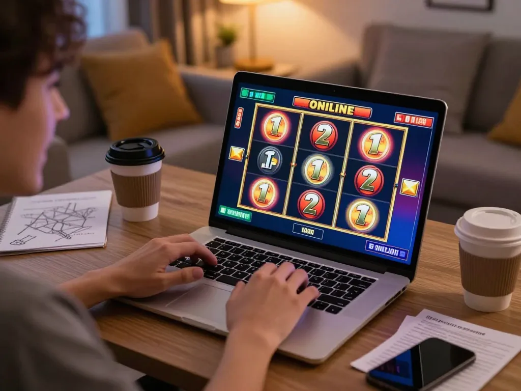 Exciting online slots gameplay on rr88 with colorful reels spinning on laptop in a cozy home setting.