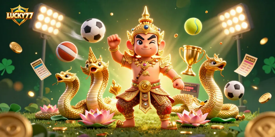 Experience LUCKY77 with 3D illustration of vibrant sports betting action and dynamic elements
