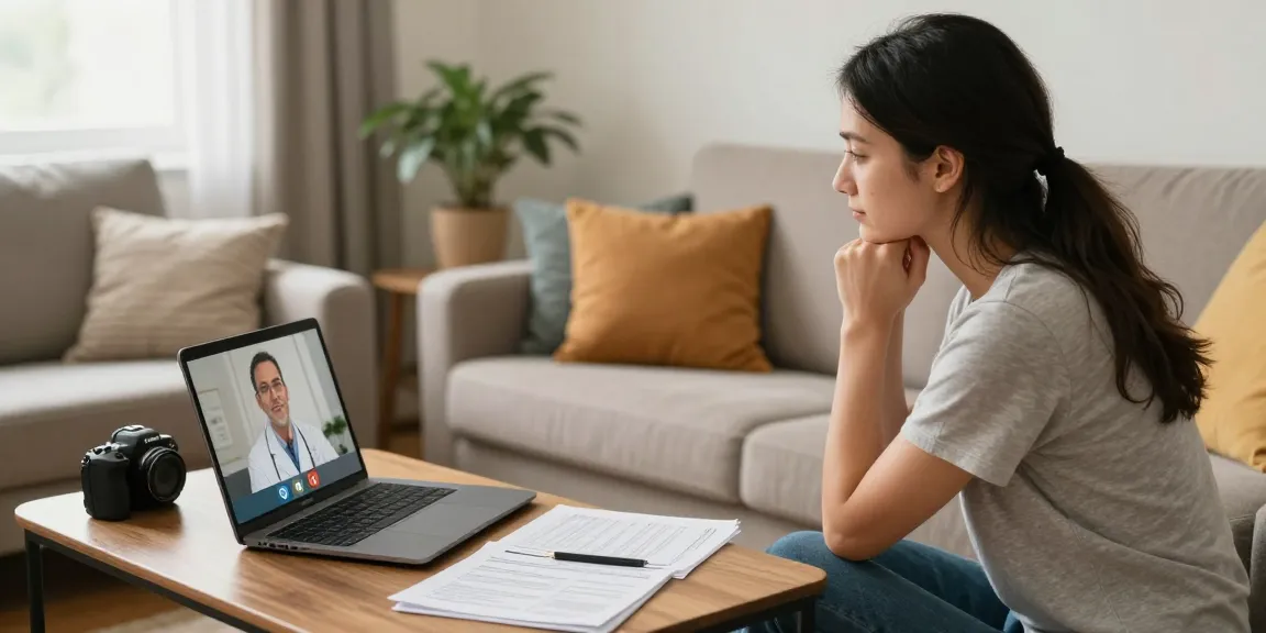 Patient using a laptop for a medical marijuana card online consultation in a cozy home setting.