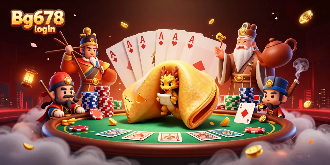 Engage in the Bg678 login experience with vibrant casino elements showcasing a giant fortune cookie, dragon, and poker scene.