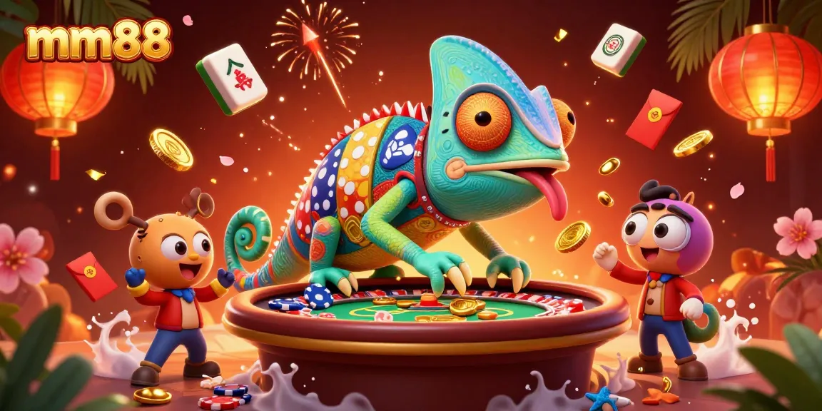Engage with mm88’s vibrant casino scene featuring a colorful chameleon, coins, and festive elements.