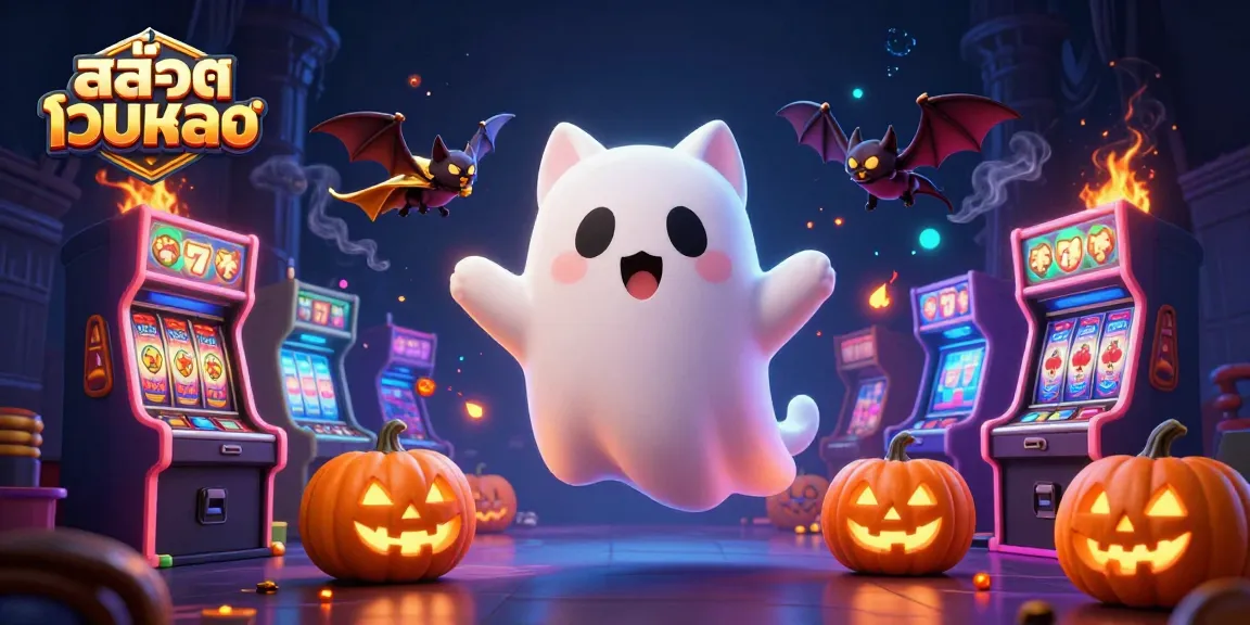 Experience the thrill of สล็อตเว็บตรง in a haunted casino setting with engaging ghost cat and vibrant game elements.